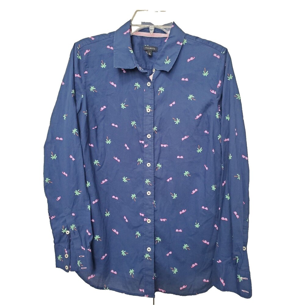 Talbots 100% Cotton Sunglasses Palm Tree Print Lightweight Button-Up Shirt Sz M